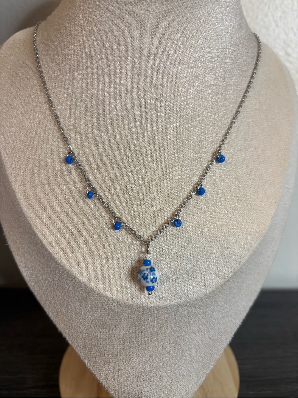 Handmade Blue Floral Porcelain Charm Necklace | Waterproof & Tarnish Resistant